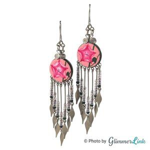 Bohemian Artisan Pink Flower Fringe Silver Tone Dangle Pierced Earrings
